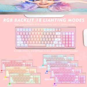 KOLMAX GK98 Wireless Gaming Keyboard,2.4G Rechargeable RGB Pink Gaming Keyboard,RGB Backlit Ergonomic 98 Keys Dual Color Mechanical Feeling Wireless Keyboard for Office Windows PC Mac Game PinkWhite