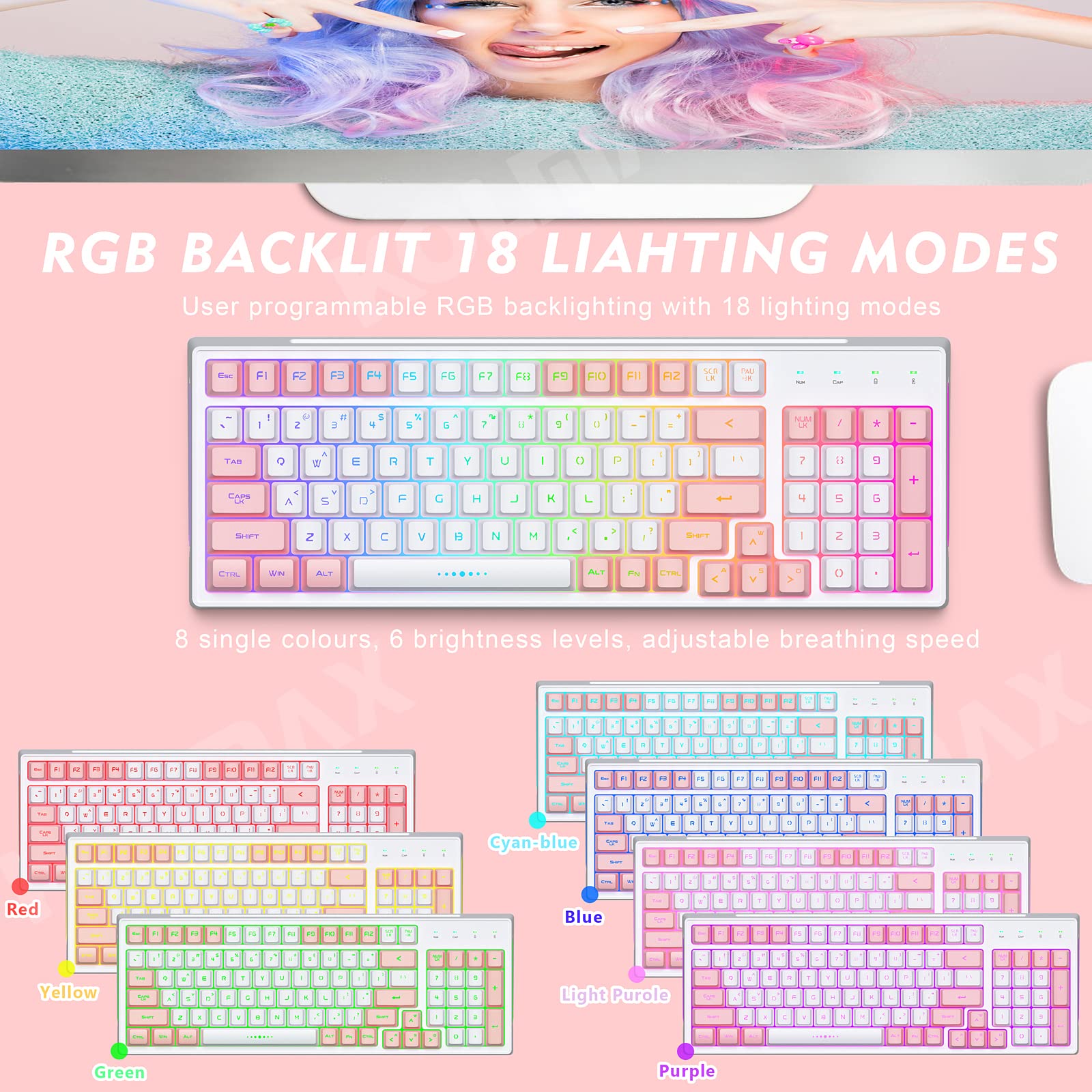 GK98 Wireless Gaming Keyboard,2.4G Rechargeable RGB White Backlit Ergonomic 98 keys Mechanical Feeling Dual Color Keyboard for Office Windows Mac PC Xbox PS4 Gamer(WhitePink)