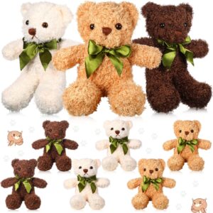 9 pieces cute bear stuffed animals, 10 inch soft plush stuffed bears toy bulk with bow tie for kids boys girls graduation baby shower christmas birthday party gift favors (dark brown, golden, white)