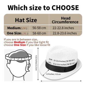 Straw Fedora Hat Short Brim Packable Roll Up Trilby Hat Classic Adjustable Panama Summer Beach Sun Hat UPF 50+ (One Size, White)