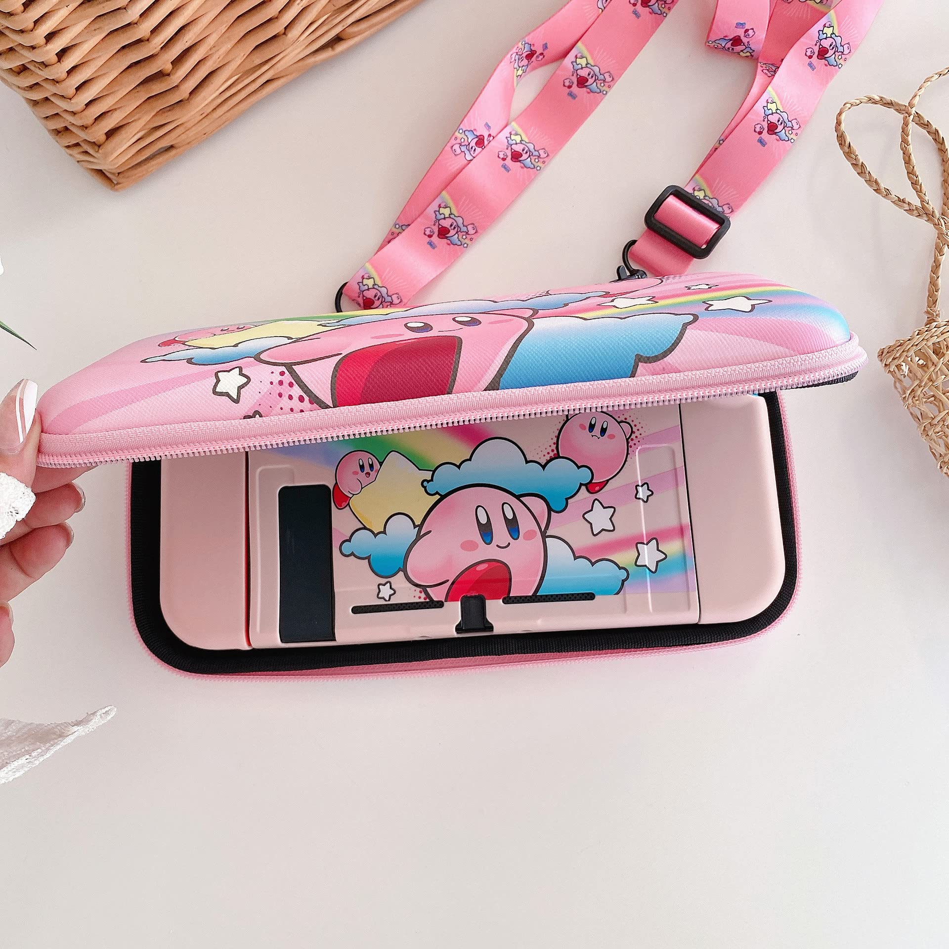 NocksyDecal Cute Kirby Carrying Case Compatible with Nintendo Switch & OLED Mode, Pink Portable Travel Case with Shoulder Strap for Switch, Hard Switch Accessories Carry Case for Girls