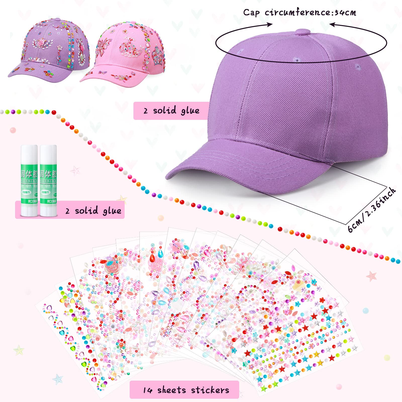 JenPen 2 Pcs Decorate Your Own Baseball Cap with 14 Sheets Adhesive Gems Stickers Rhinestone Glitter Gem Stickers with Unicorn Tote Bag, Funny Creative DIY Arts Crafts Activity for Kids Girls Toys