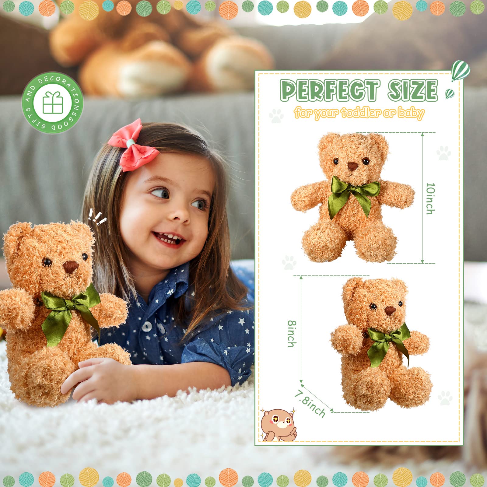 9 Pieces Cute Bear Stuffed Animals, 10 Inch Soft Plush Stuffed Bears Toy Bulk with Bow Tie for Kids Boys Girls Graduation Baby Shower Christmas Birthday Party Gift Favors (Dark Brown, Golden, White)