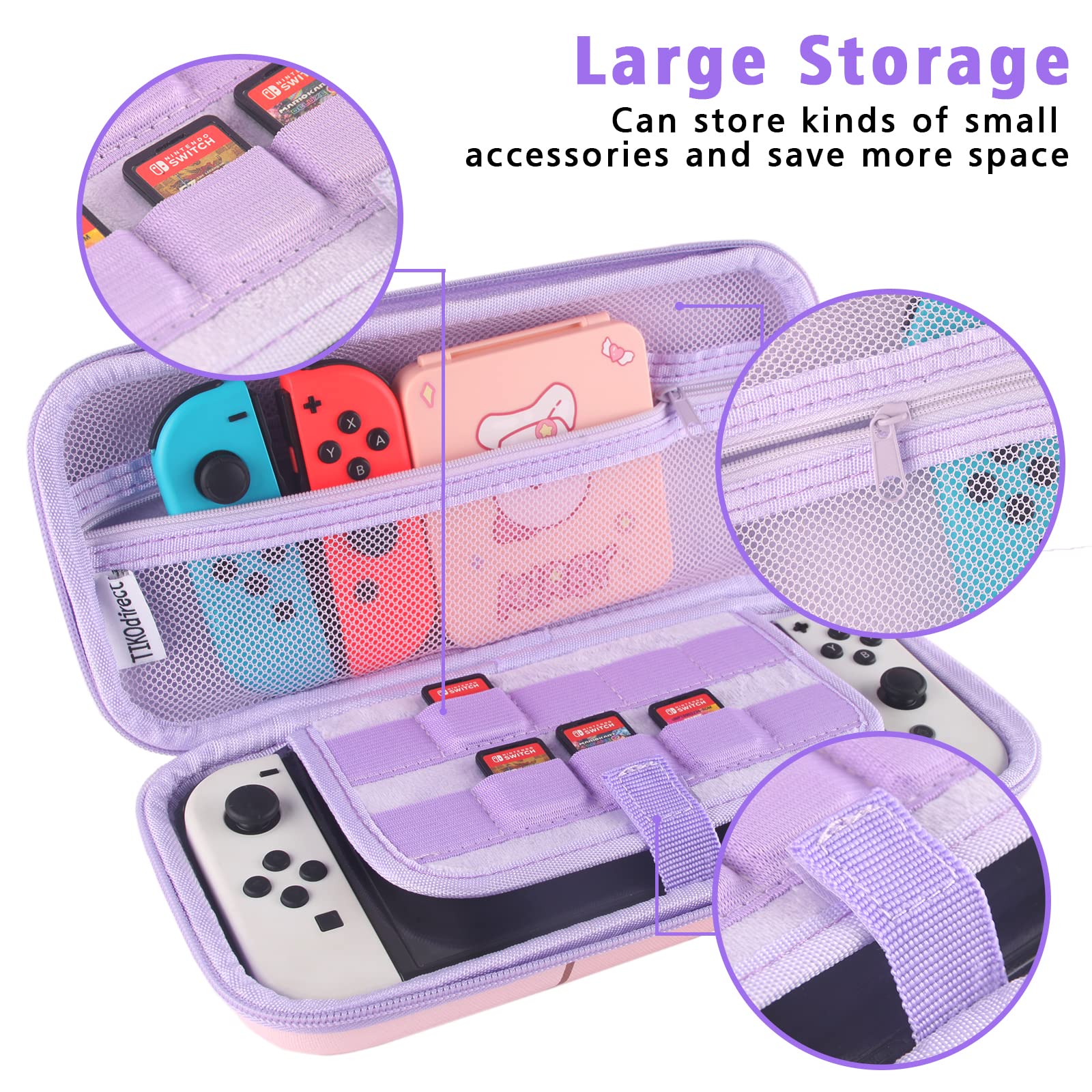 TIKOdirect Carrying Case for Switch & OLED Mode, Cute Portable Travel Bag with 12 Game Card Slots Inner Storage Bag for Switch Console Joy-Con & Accessories, Kirby Purple