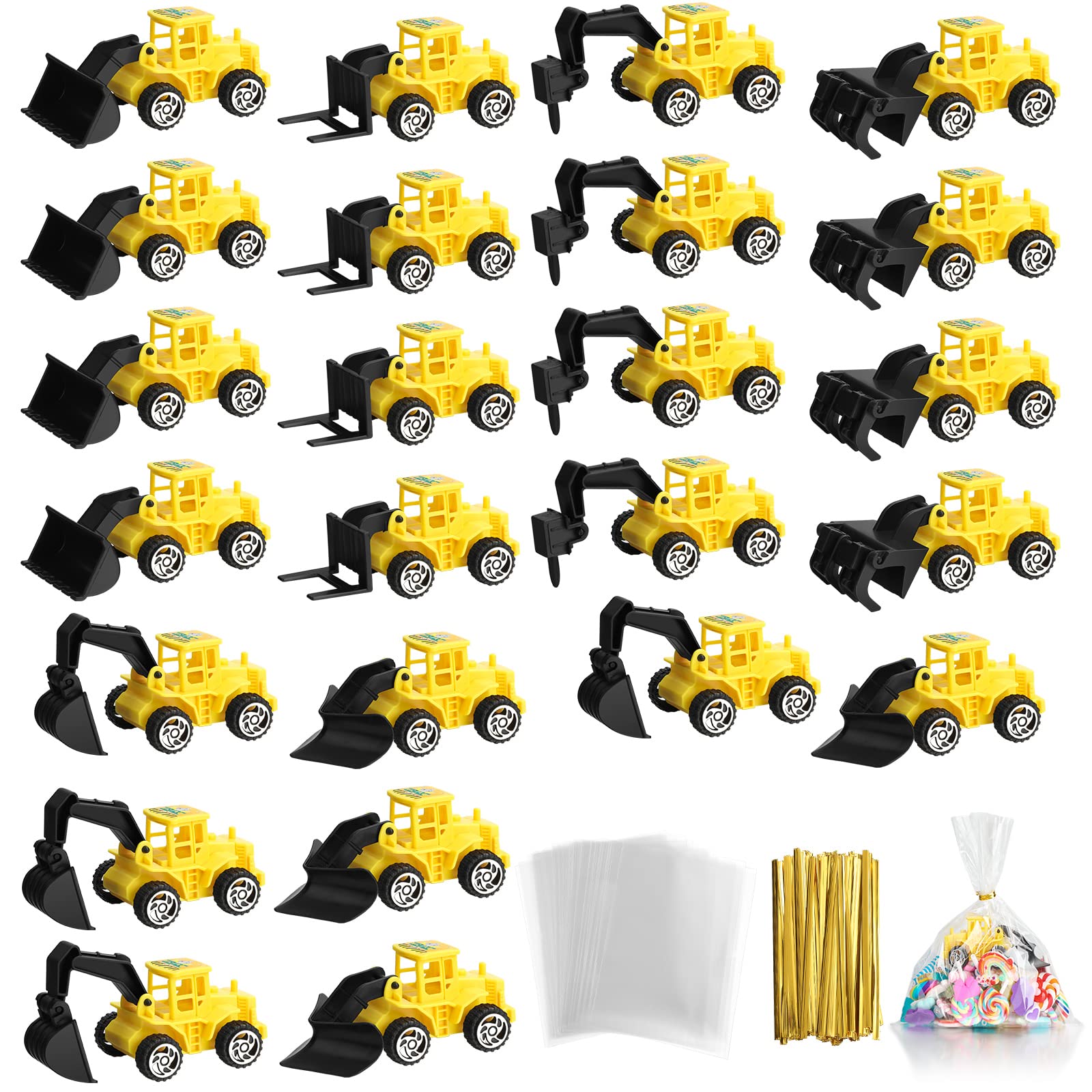 Zhanmai Mini Construction Engineering Trucks Set, 24 Pcs Small Construction Toys and Treat Bags with Twist Ties for Cake Birthday Party Favors Construction Birthday Party Supplies