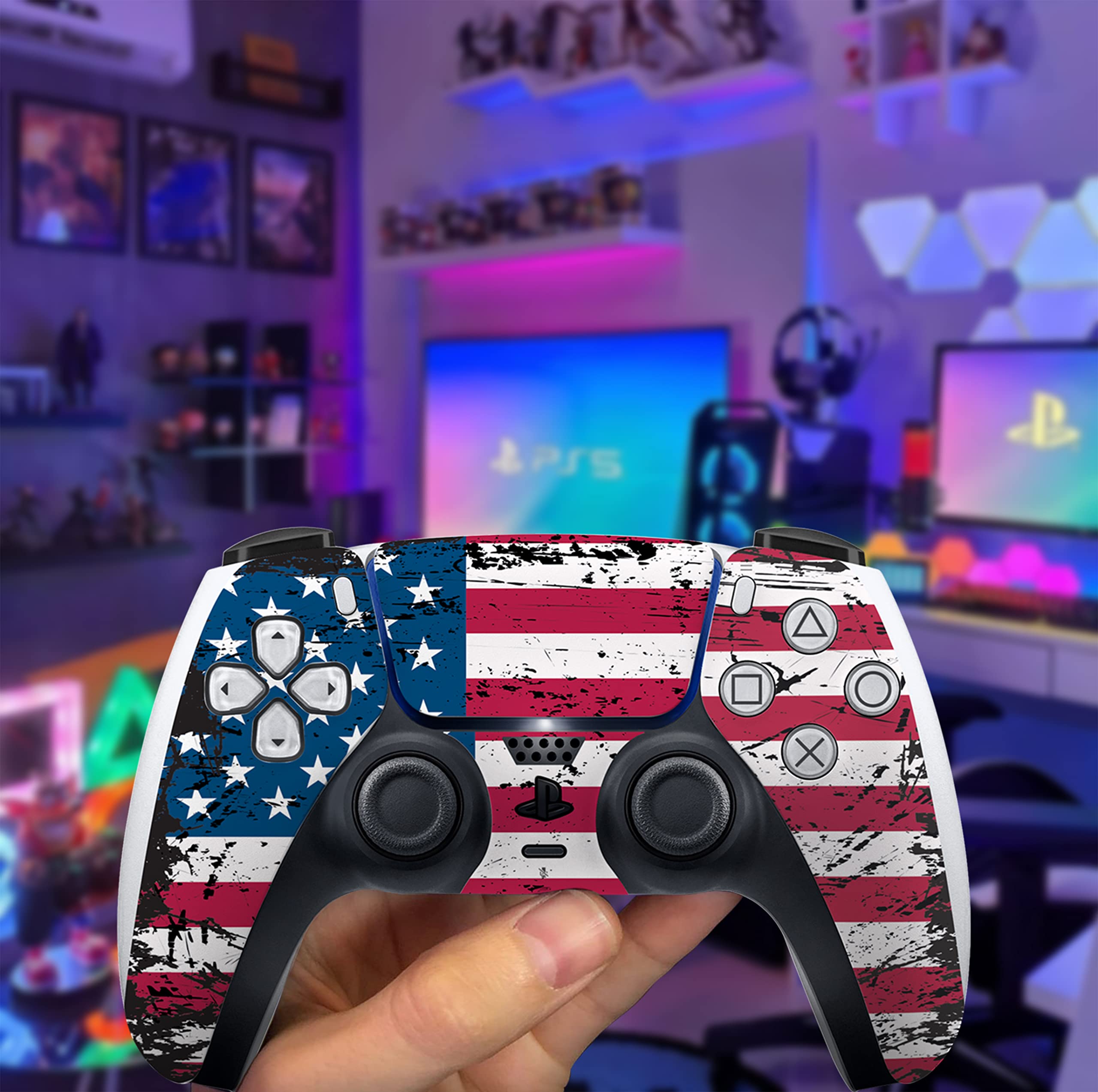 HK Studio US Flag Decal Sticker Skin Specific Cover for Both PS5 Disc Edition and Digital Edition - Waterproof, No Bubble, Including 2 Controller Skins and Console Skin