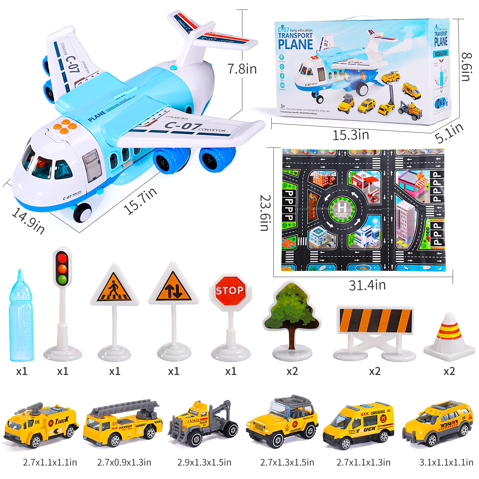 iHaHa Spray Airplane Toys for Boys Girls, Large Transport Cargo Airplane with 6 Construction Vehicle 10 Road Signs 1 Play Mat, Plane Toy with Lights Sounds for Boys Age 3 4 5 6