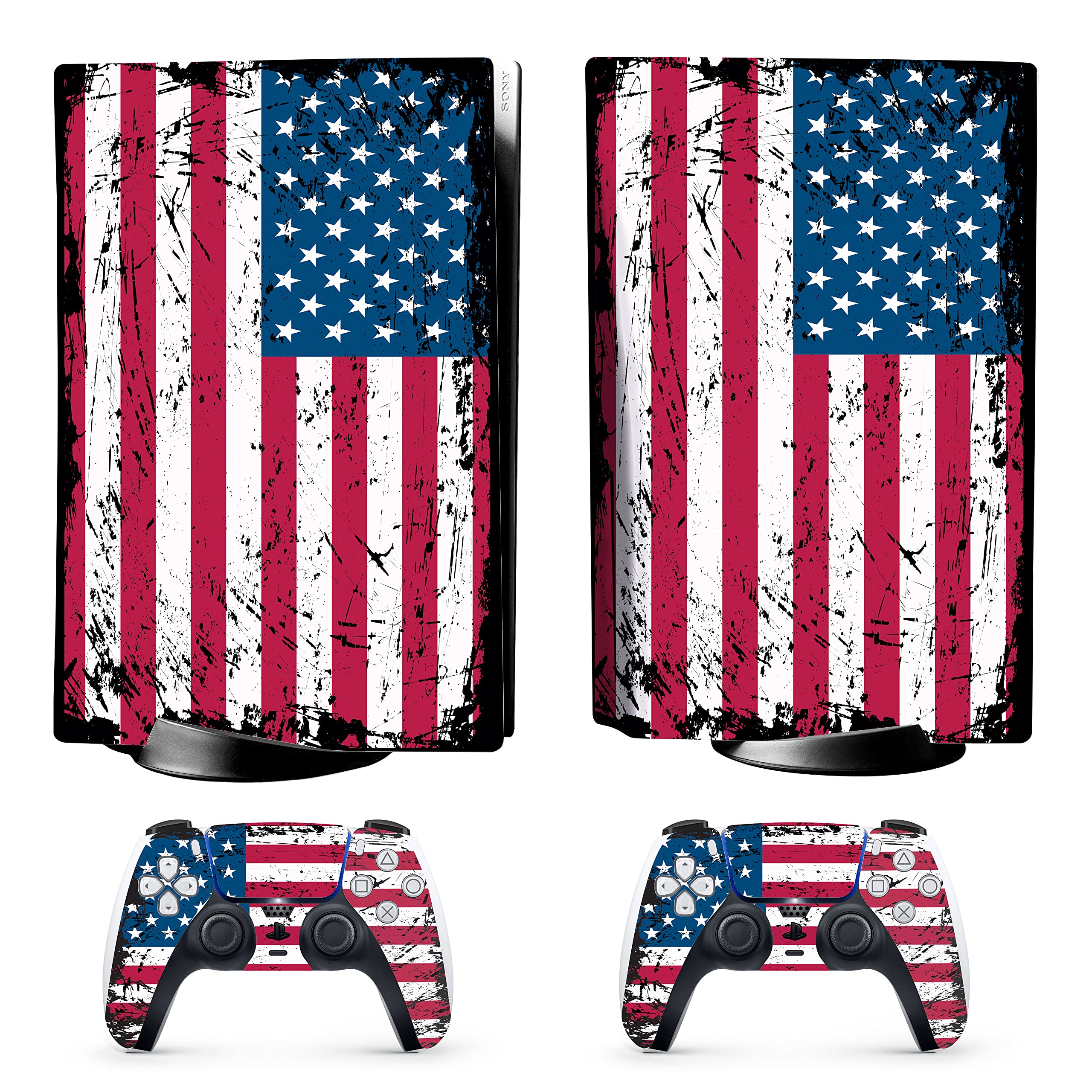 HK Studio US Flag Decal Sticker Skin Specific Cover for Both PS5 Disc Edition and Digital Edition - Waterproof, No Bubble, Including 2 Controller Skins and Console Skin