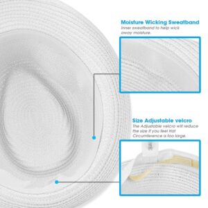 Straw Fedora Hat Short Brim Packable Roll Up Trilby Hat Classic Adjustable Panama Summer Beach Sun Hat UPF 50+ (One Size, White)