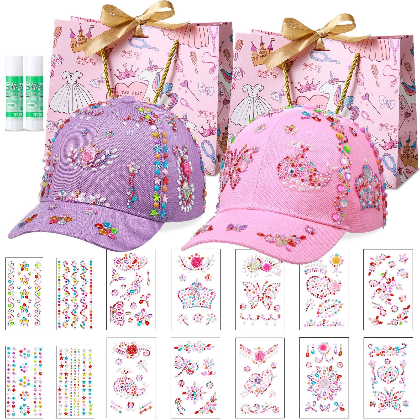 JenPen 2 Pcs Decorate Your Own Baseball Cap with 14 Sheets Adhesive Gems Stickers Rhinestone Glitter Gem Stickers with Unicorn Tote Bag, Funny Creative DIY Arts Crafts Activity for Kids Girls Toys