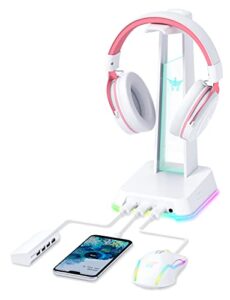 phnixgam rgb headphone stand with 3.5mm aux and 3 port usb 2.0 hub, universal gaming headset hanger holder for computer gaming gamer accessories (white)