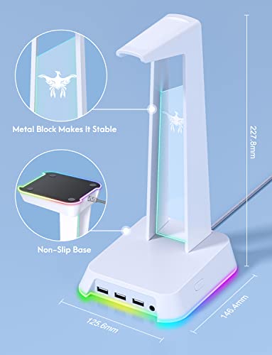 PHNIXGAM RGB Headphone Stand with 3.5mm AUX and 3 Port USB 2.0 Hub, Universal Gaming Headset Hanger Holder for Computer Gaming Gamer Accessories (White)