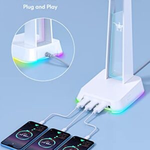 PHNIXGAM RGB Headphone Stand with 3.5mm AUX and 3 Port USB 2.0 Hub, Universal Gaming Headset Hanger Holder for Computer Gaming Gamer Accessories (White)