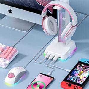 PHNIXGAM RGB Headphone Stand with 3.5mm AUX and 3 Port USB 2.0 Hub, Universal Gaming Headset Hanger Holder for Computer Gaming Gamer Accessories (White)