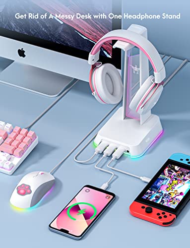 PHNIXGAM RGB Headphone Stand with 3.5mm AUX and 3 Port USB 2.0 Hub, Universal Gaming Headset Hanger Holder for Computer Gaming Gamer Accessories (White)