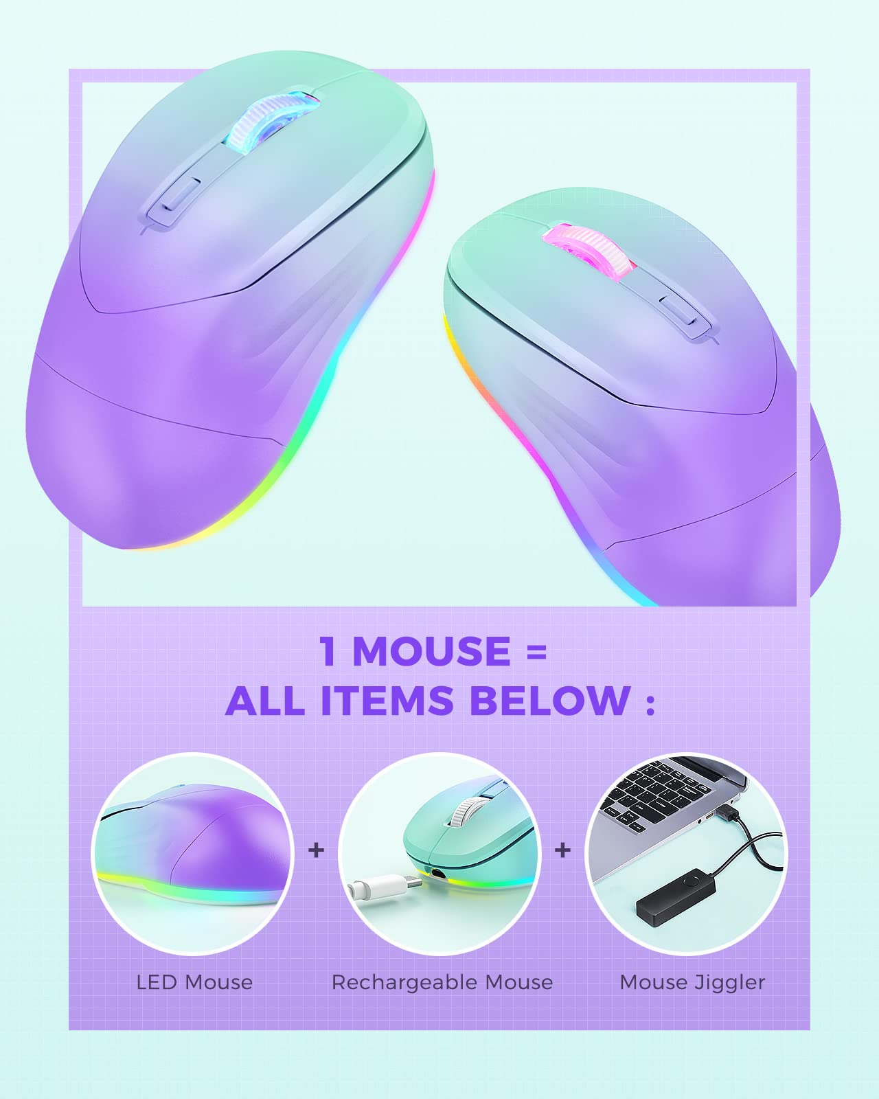 Wireless Mouse, Jiggler Mouse for Laptop - LED Mouse Rechargeable Computer Mice Mouse Mover Undetectable Random Movement with On/Off Button Keeps Computer Awake - Gradient Purple