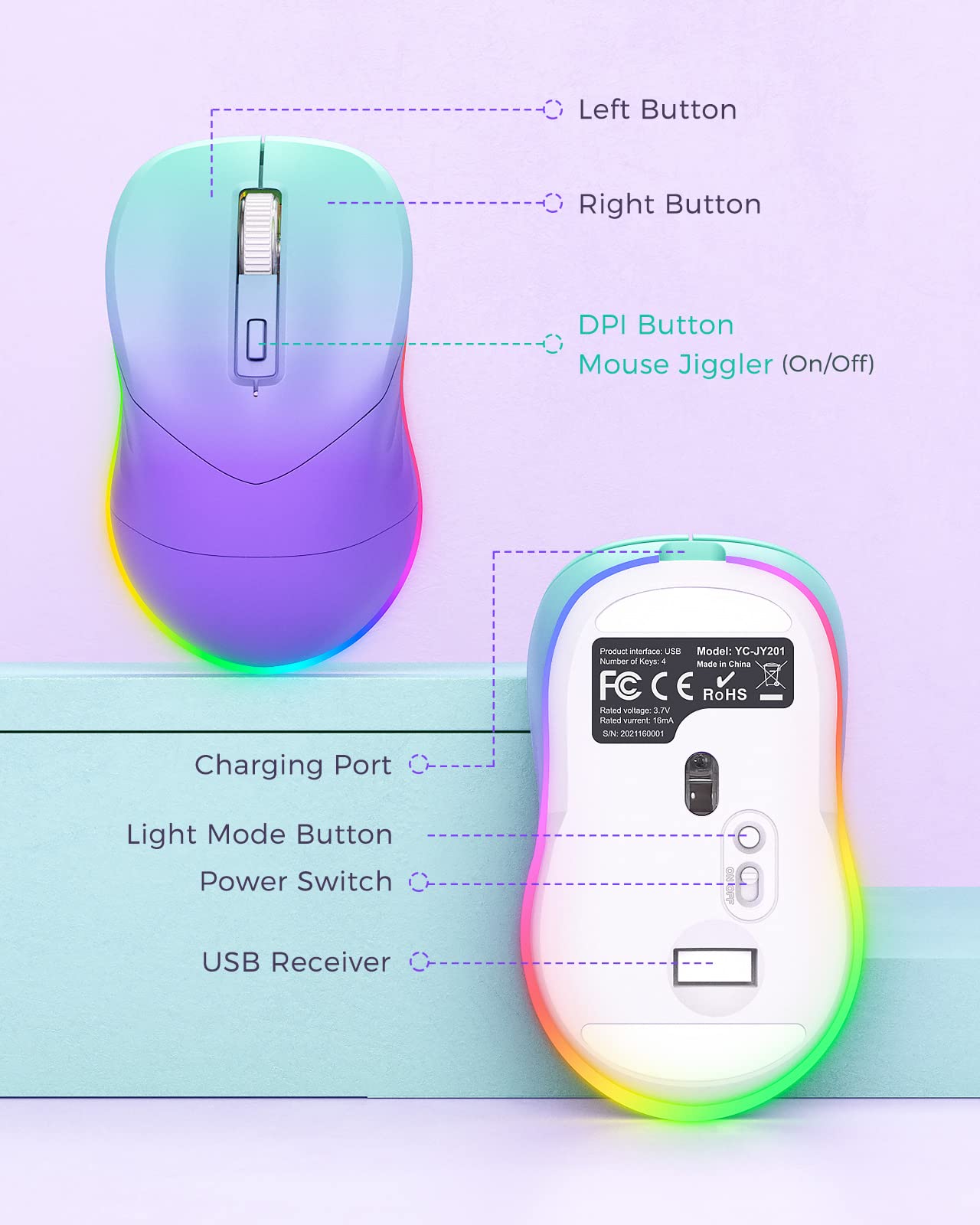 Wireless Mouse, Jiggler Mouse for Laptop - LED Mouse Rechargeable Computer Mice Mouse Mover Undetectable Random Movement with On/Off Button Keeps Computer Awake - Gradient Purple