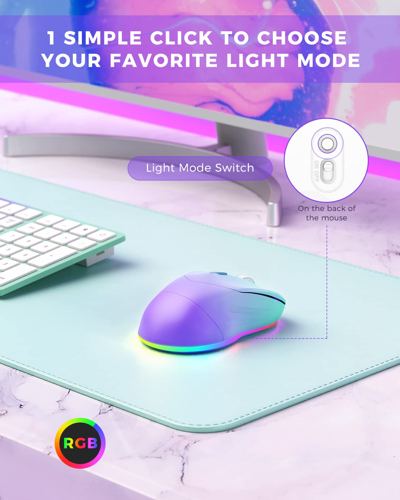 Wireless Mouse, Jiggler Mouse for Laptop - LED Mouse Rechargeable Computer Mice Mouse Mover Undetectable Random Movement with On/Off Button Keeps Computer Awake - Gradient Purple