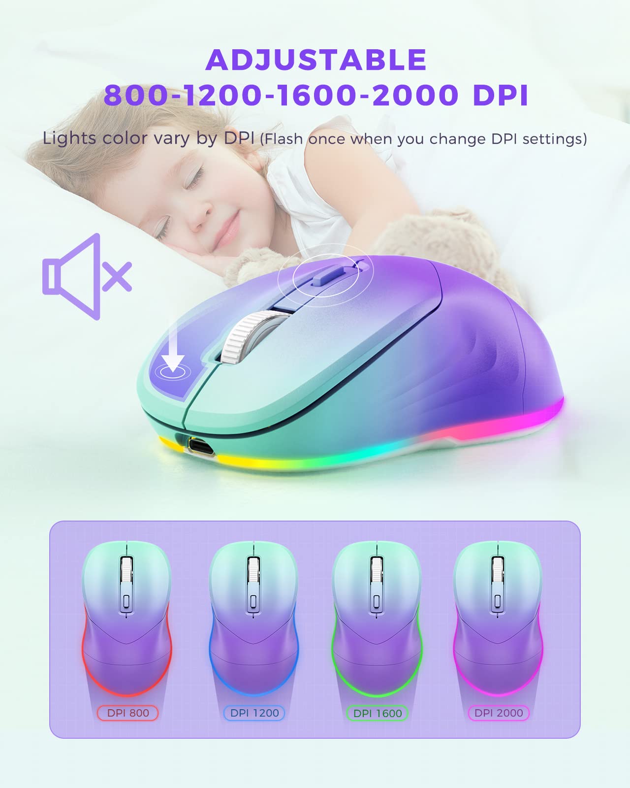 Wireless Mouse, Jiggler Mouse for Laptop - LED Mouse Rechargeable Computer Mice Mouse Mover Undetectable Random Movement with On/Off Button Keeps Computer Awake - Gradient Purple