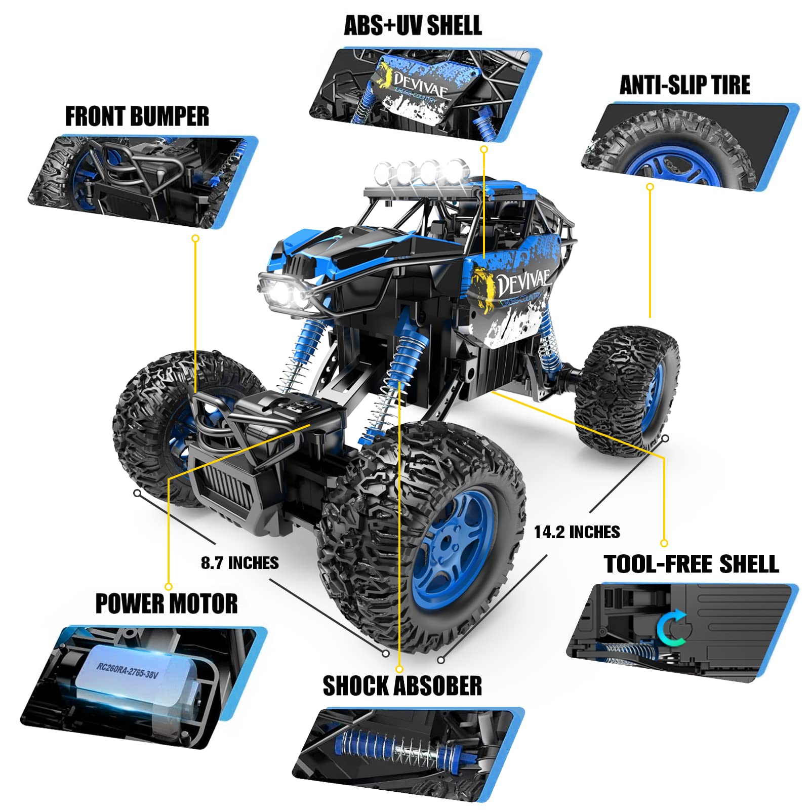 CROBOLL 1:12 Large Remote Control car for Boys Kids with Lifting Function,4WD RC Cars Electric Monster Truck Toy Gifts 4X4 Off-Road RC Rock Crawler 2.4GHz RC Truck with 2 Batteries(Blue)