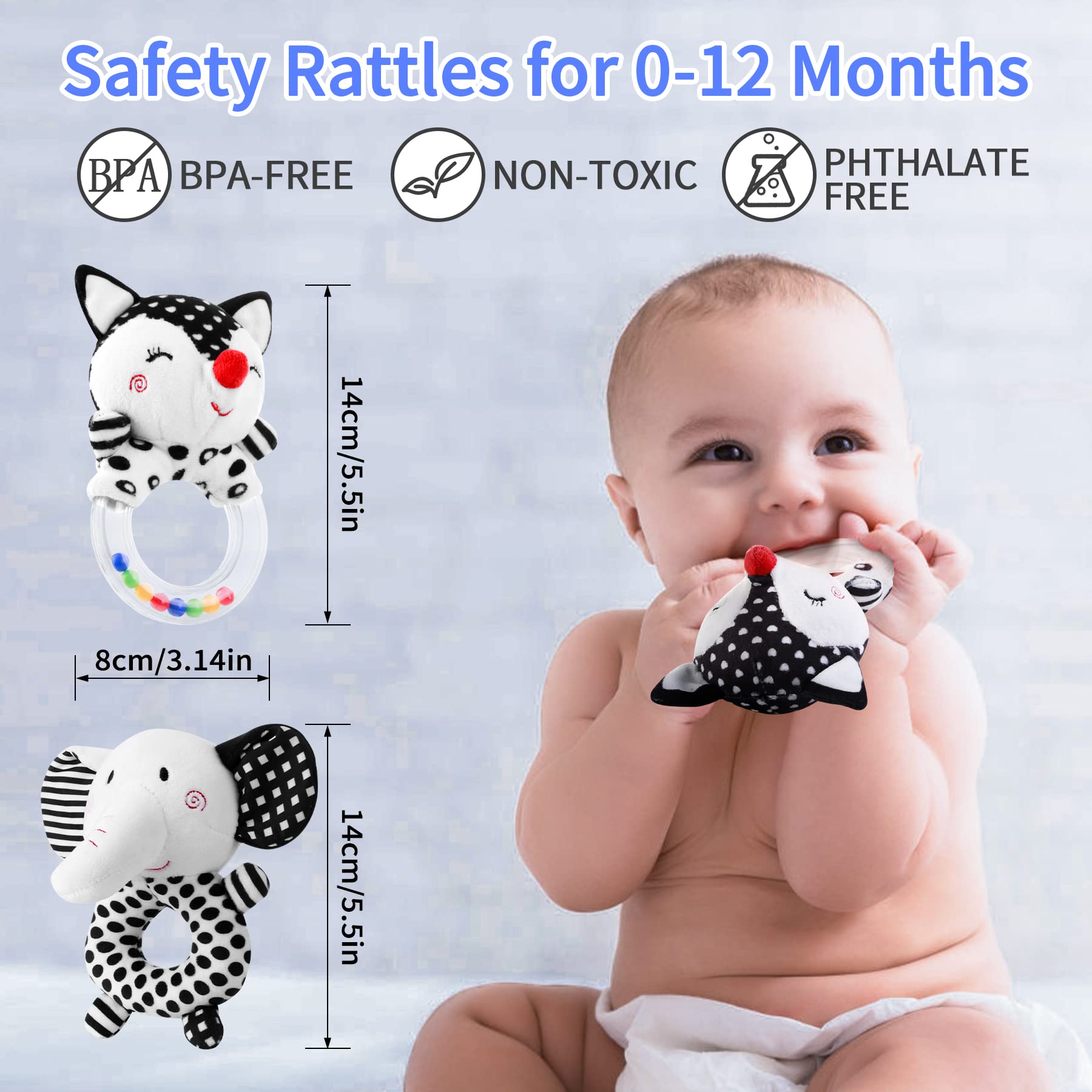 FPVERA Baby Rattles 0-6 Months: Soft Rattles for Babies 0-6 Months Newborn Sensory Toys, High Contrast Black and White Baby Toys 0-3 Months Plush Rattle Toy for Infant Boys Girls Shower Gift, 2PCS