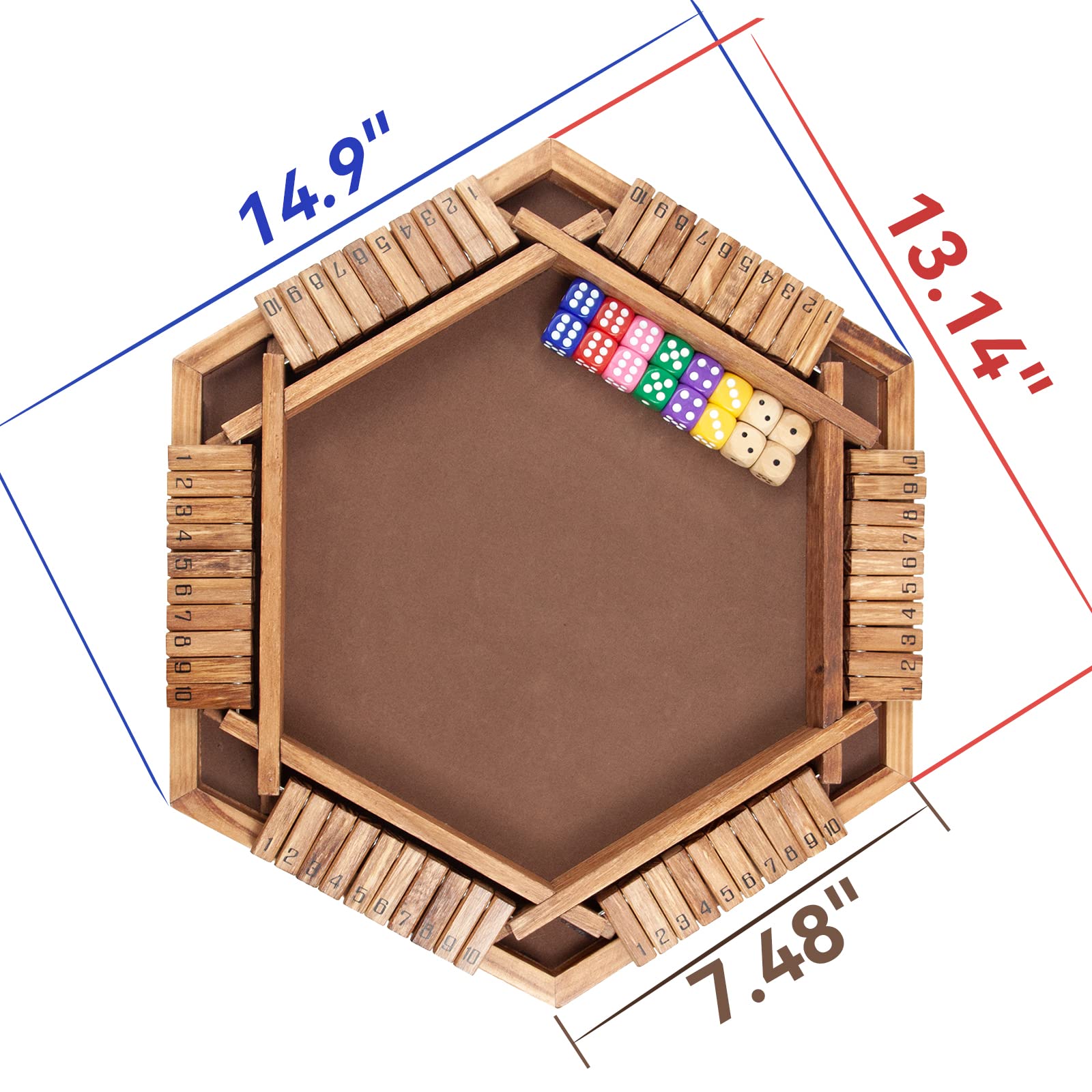 WOOD CITY Shut The Box Game Wooden for 6 Players, Close The Box Math Game for Kids Adults with 16 Dice, 6 Way Tabletop Quick Board Game for Family Friends 3+ Years Old in Classroom, Party or Pub