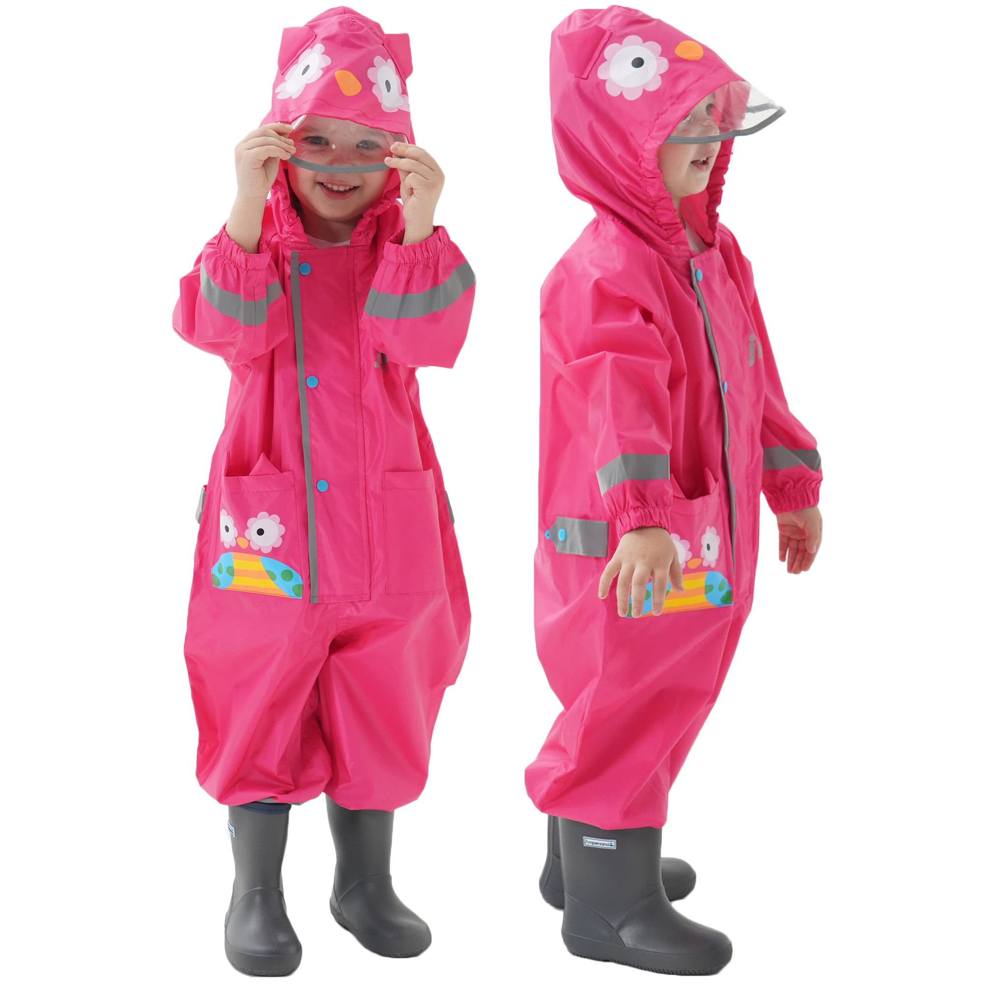 Kids Toddler Rain Suit for Boys Girls One Piece Hoodie Zipper Cute Cartoon Owl Waterproof Rain Jacket 7-9 Years XL Size