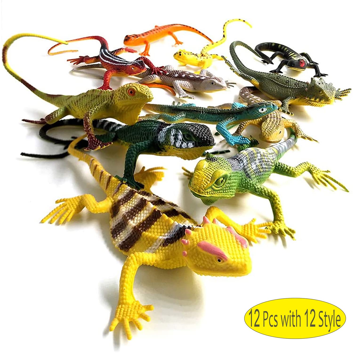 BAINFE 12Pcs Fake Plastic Lizard Toys Colorful Rubber Lizards Action Figure Reptile Toy Lizard Realistic Favors Gag Toys Prank and Prop, 5.5" Lizards 12 Styles