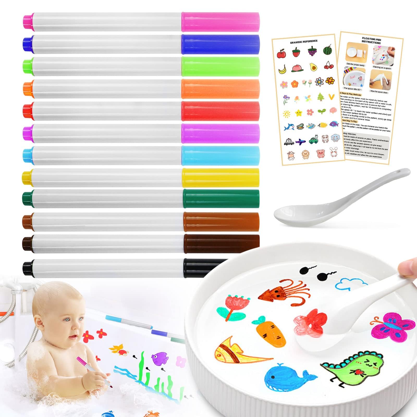 QETRABONE Magical Water Painting Pen-12 Colors Double Ended, Erasing Whiteboard Marker, Doodle Water Floating Pens, Magic Water Painting Pen for Kids