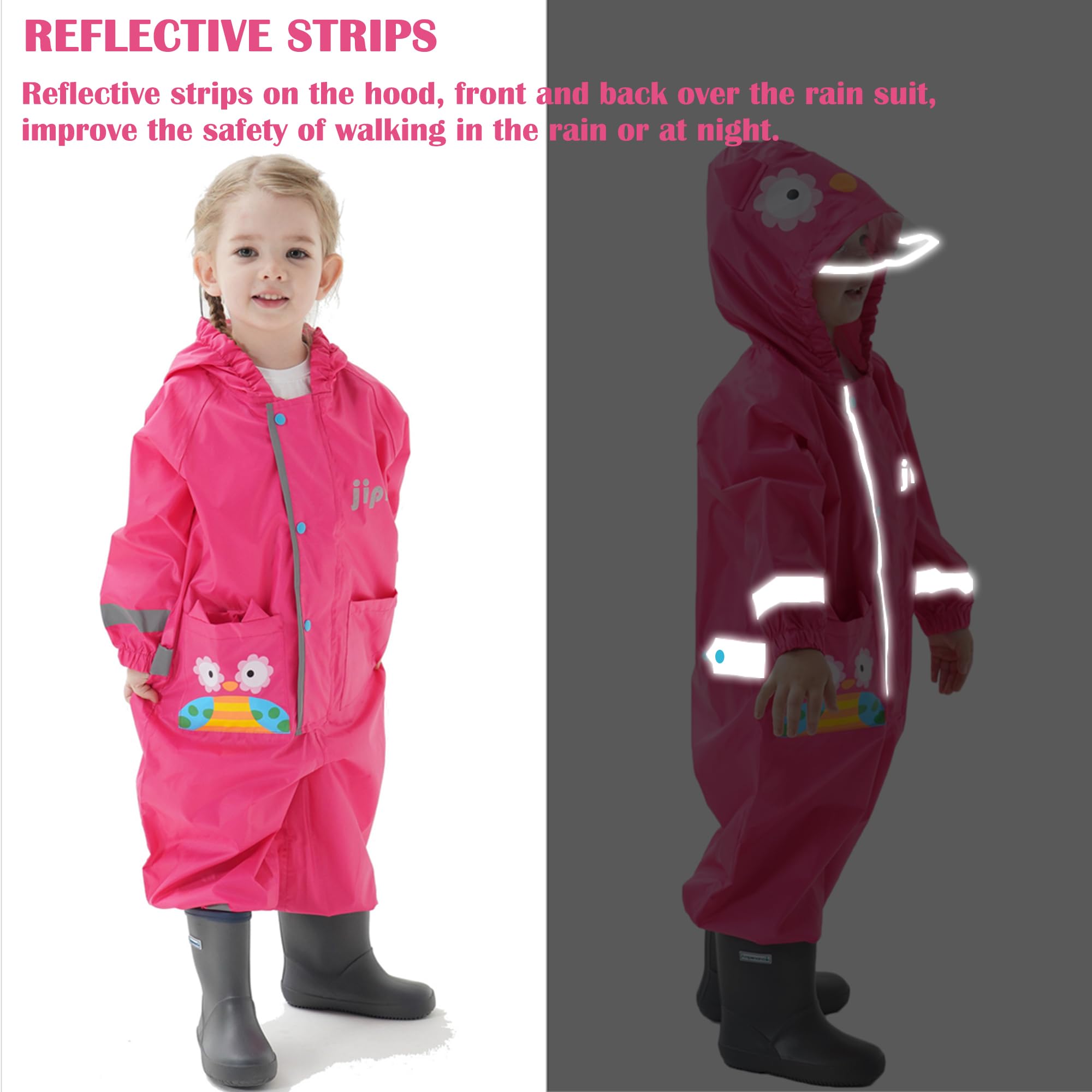 Kids Toddler Rain Suit for Boys Girls One Piece Hoodie Zipper Cute Cartoon Owl Waterproof Rain Jacket 7-9 Years XL Size