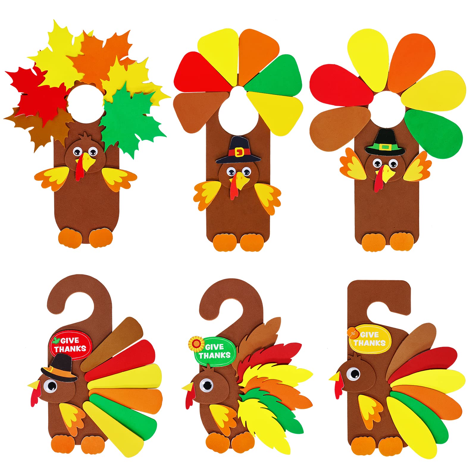 Winlyn 24 Sets Thanksgiving Turkey Doorknob Hanger Decorations Art Sets DIY Thanksgiving Craft Kits Fall Crafts Give Thanks Turkey Foam Stickers Arts and Crafts for Kids Party Classroom Activities