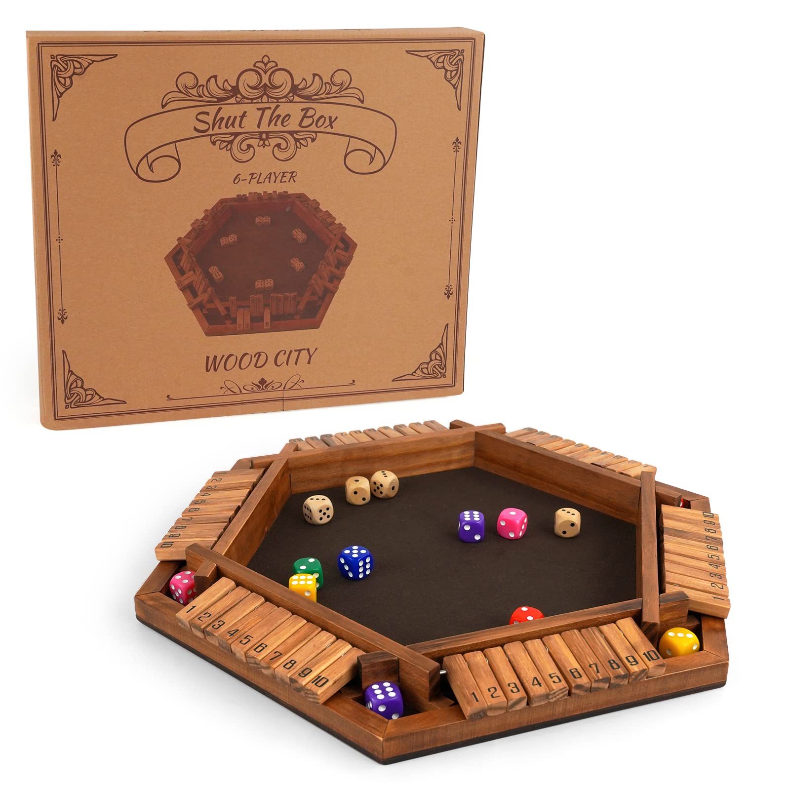 WOOD CITY Shut The Box Game Wooden for 6 Players, Close The Box Math Game for Kids Adults with 16 Dice, 6 Way Tabletop Quick Board Game for Family Friends 3+ Years Old in Classroom, Party or Pub