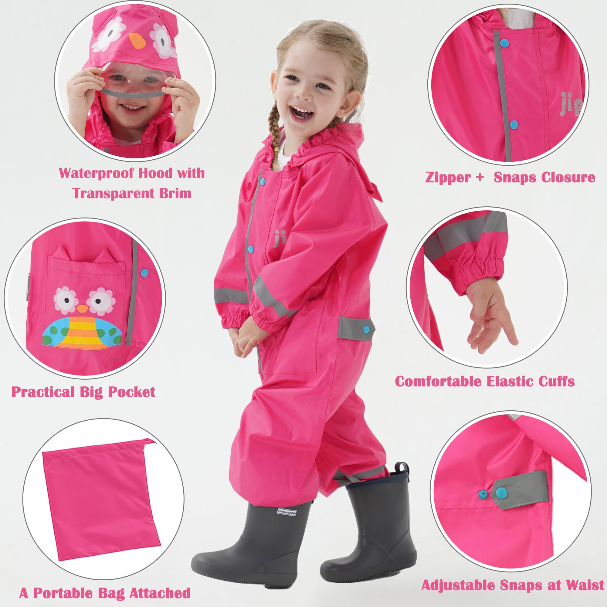 Kids Toddler Rain Suit for Boys Girls One Piece Hoodie Zipper Cute Cartoon Owl Waterproof Rain Jacket 7-9 Years XL Size