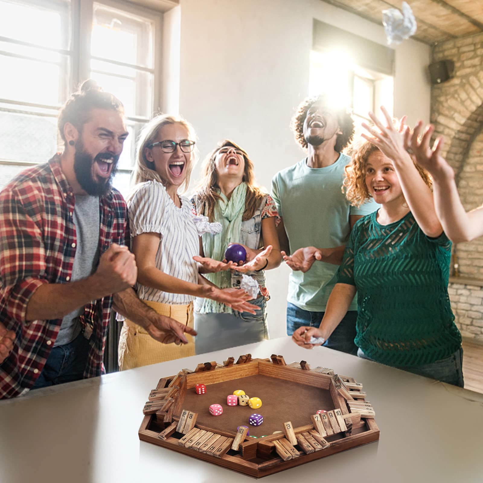 WOOD CITY Shut The Box Game Wooden for 6 Players, Close The Box Math Game for Kids Adults with 16 Dice, 6 Way Tabletop Quick Board Game for Family Friends 3+ Years Old in Classroom, Party or Pub