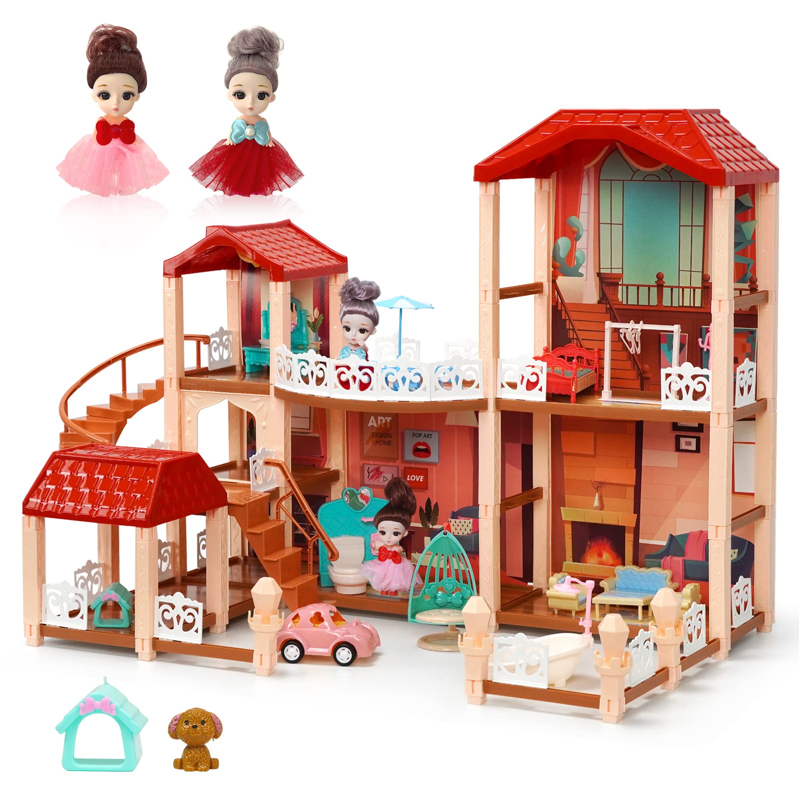 NOVSPER Doll House, Girl Toys Dollhouse with 2 Dolls, Pet Dog, Car,Light, Furnitures and Accessories, DIY Dollhouses Dreamhouse Kit Kids Toys Gift for Age 5 6 7 8+ Year Old(8 Rooms and 2 Balcony)