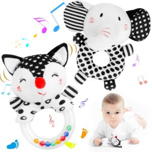 fpvera baby rattles 0-6 months: soft rattles for babies 0-6 months newborn sensory toys, high contrast black and white baby toys 0-3 months plush rattle toy for infant boys girls shower gift, 2pcs