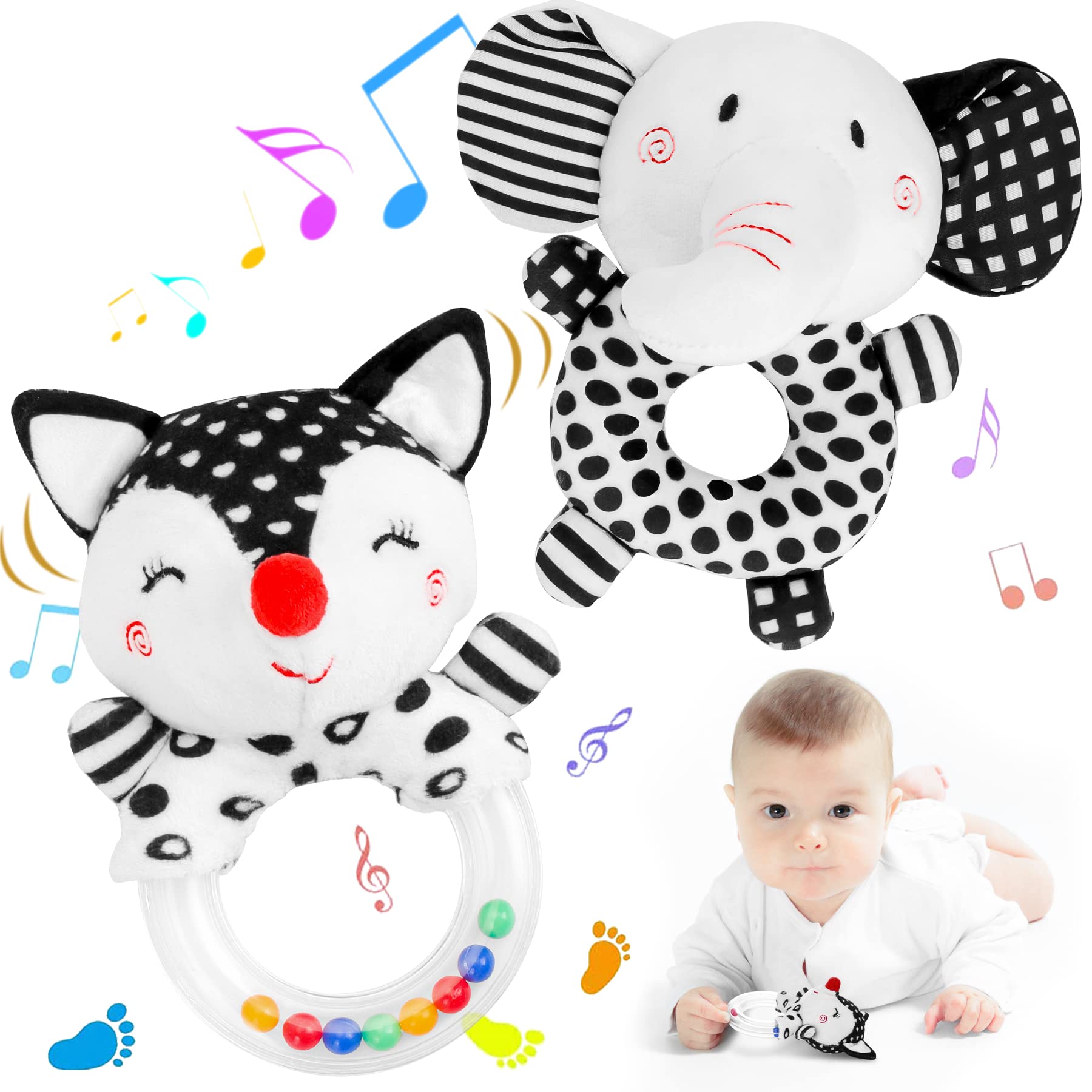 FPVERA Baby Rattles 0-6 Months: Soft Rattles for Babies 0-6 Months Newborn Sensory Toys, High Contrast Black and White Baby Toys 0-3 Months Plush Rattle Toy for Infant Boys Girls Shower Gift, 2PCS