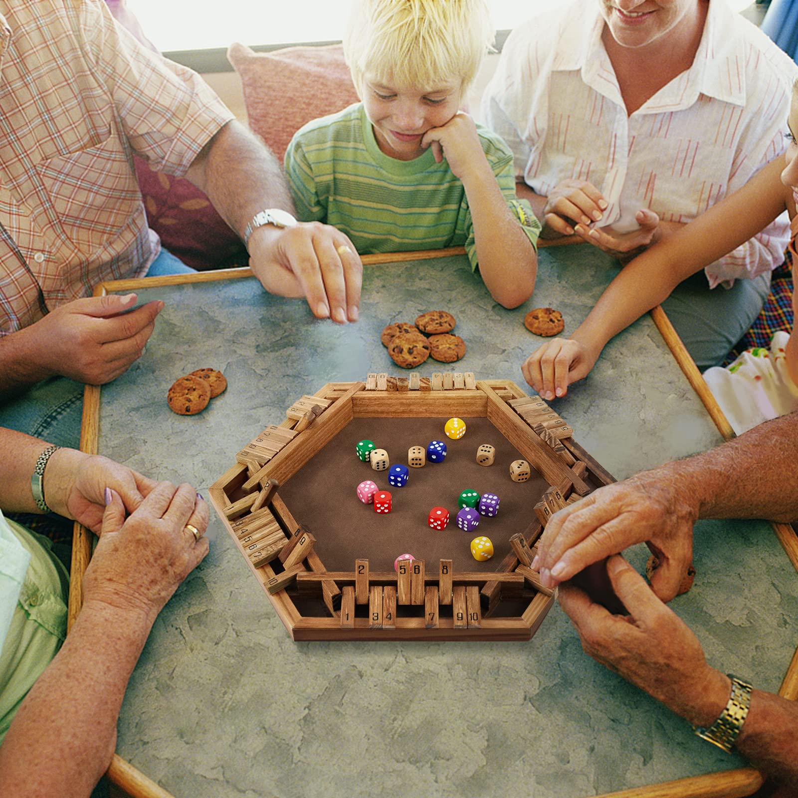 WOOD CITY Shut The Box Game Wooden for 6 Players, Close The Box Math Game for Kids Adults with 16 Dice, 6 Way Tabletop Quick Board Game for Family Friends 3+ Years Old in Classroom, Party or Pub