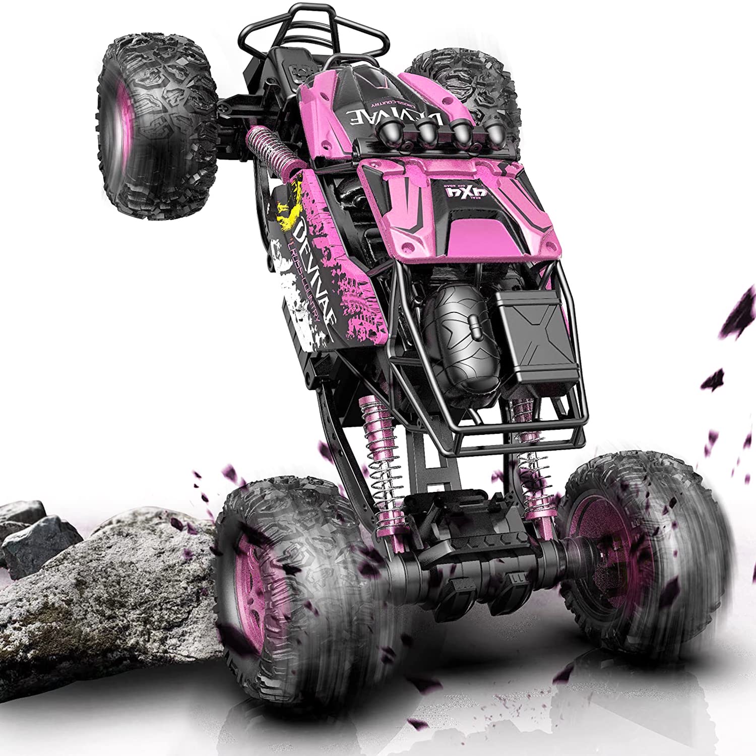 CROBOLL 1:12 Large RC Cars Toys for Boys Girls with Lifting Function, 4WD Remote Control Car Gifts for Kids 4X4 Off-Road RC Rock Crawler, 2.4GHz RC Truck with 2 Batteries 60Mins Play(Pink)