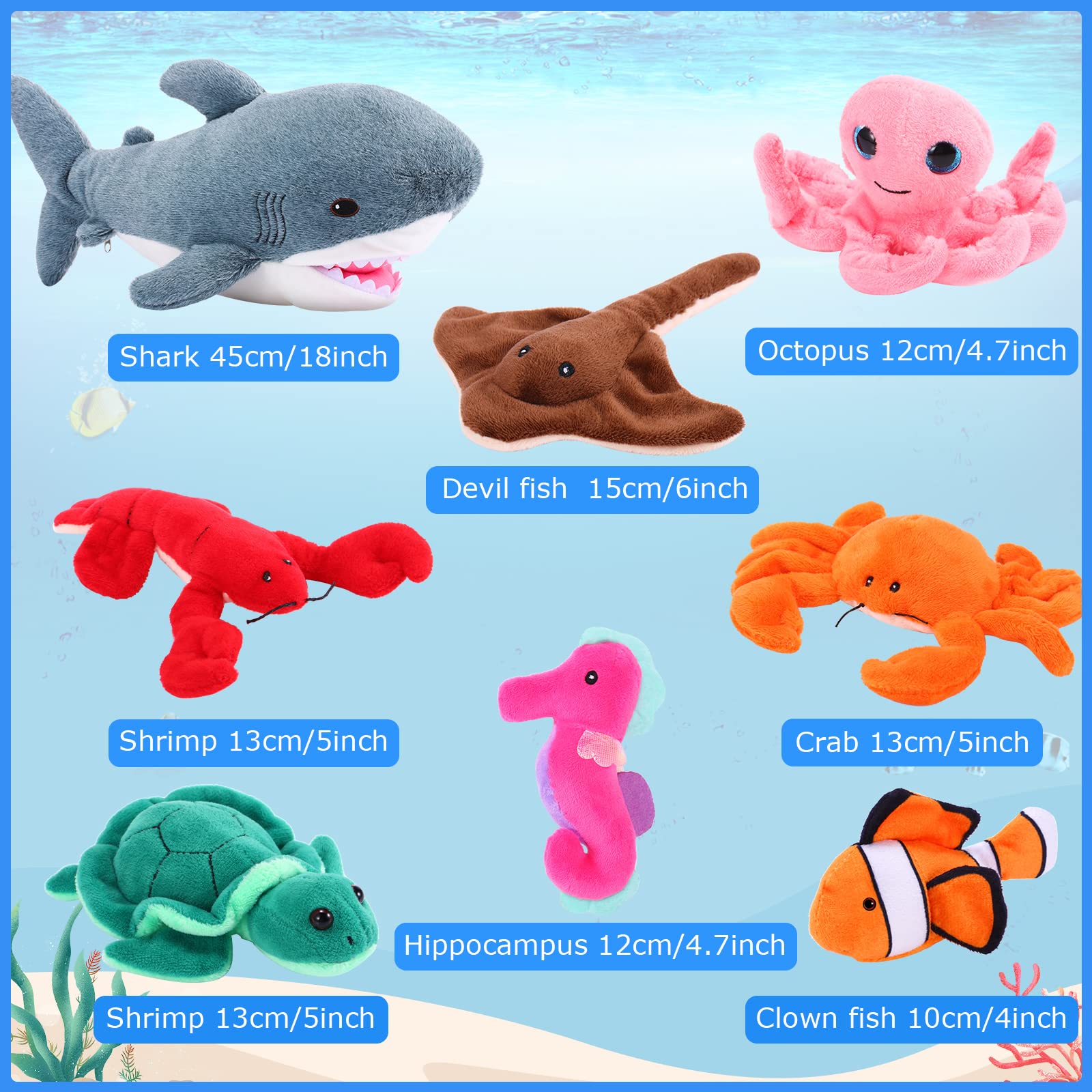 Zomiboo 18 Inch Plush Great White Shark with 7 Pcs of Soft Stuffed Sea Animals Include Manta Ray, Seahorse, Crab, Clown Fish, Turtle, Octopus and Lobster, Gift for Friend Kids