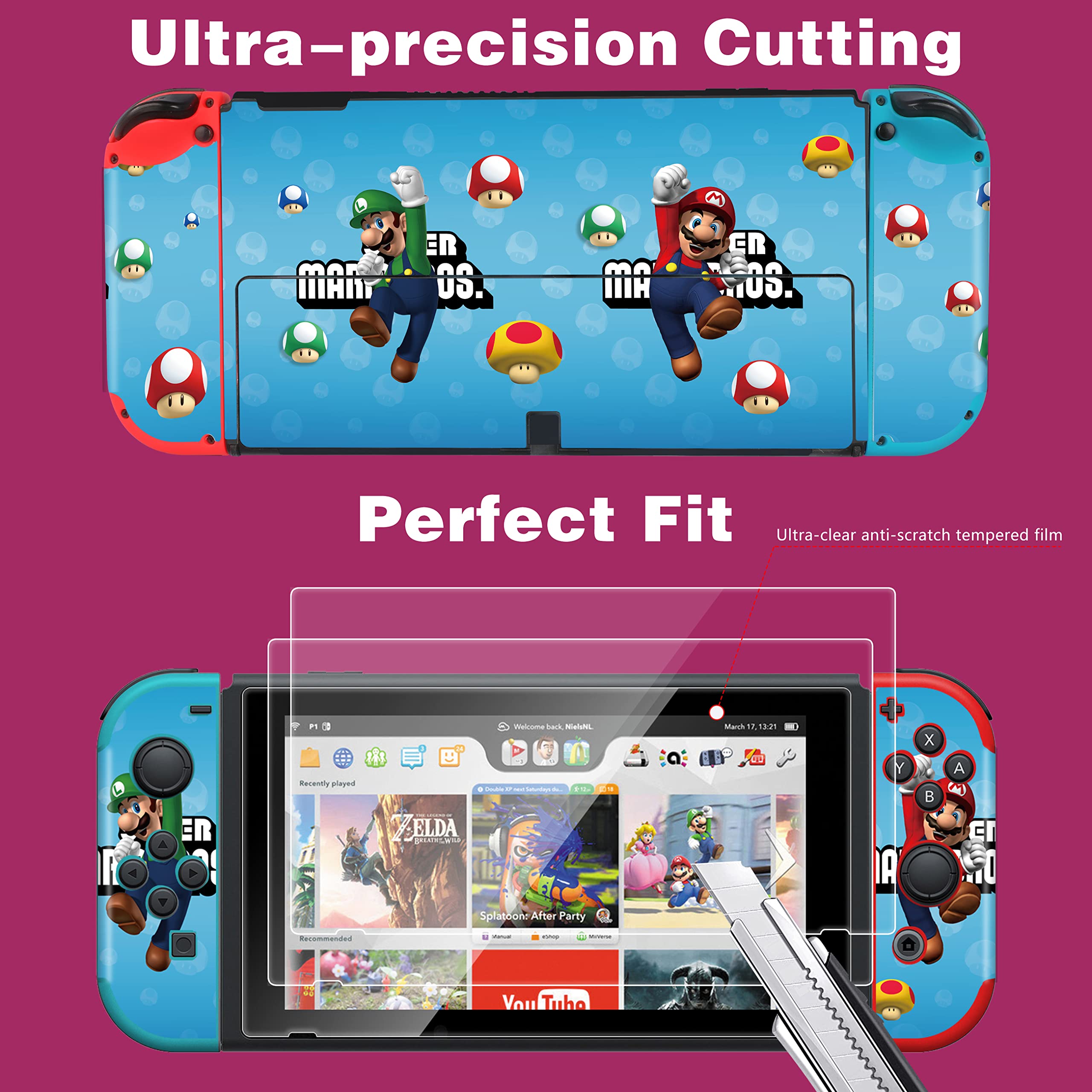 oqpa for Nintendo Switch OLED 2021 Skins Stickers for Girls Boys Kids Cute Kawaii Anime Cartoon Character Fun Decals with Tempered Glass Screen Protector for Nintendo Switch OLED(Mushroom Malio)