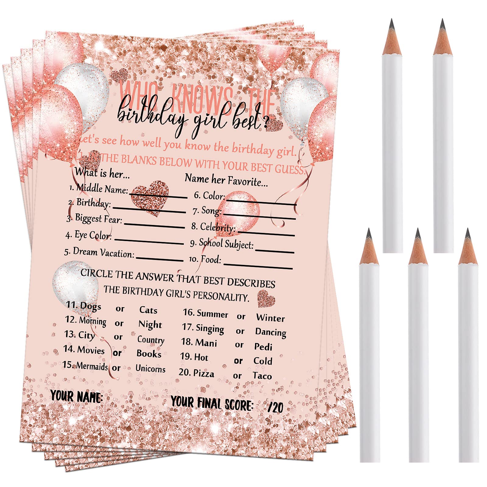 Leinuosen Who Knows The Birthday Girl Best Card, 50 Pcs Birthday Party Game Set Girly Pink Rose Gold Sprinkles Themed Birthday Cards with 10 Pre Pointed Pencils for Teen Girls Sweet Sleepover Party