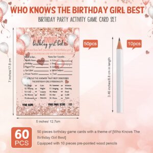 Leinuosen Who Knows The Birthday Girl Best Card, 50 Pcs Birthday Party Game Set Girly Pink Rose Gold Sprinkles Themed Birthday Cards with 10 Pre Pointed Pencils for Teen Girls Sweet Sleepover Party