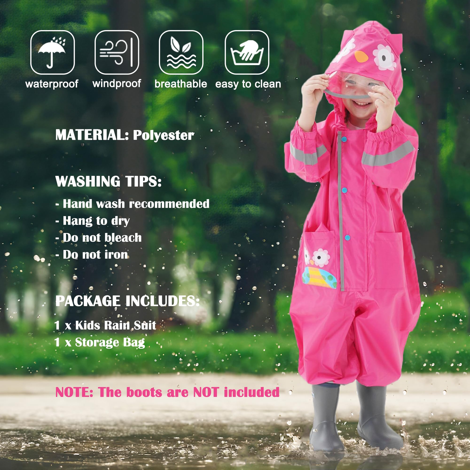 Kids Toddler Rain Suit for Boys Girls One Piece Hoodie Zipper Cute Cartoon Owl Waterproof Rain Jacket 7-9 Years XL Size