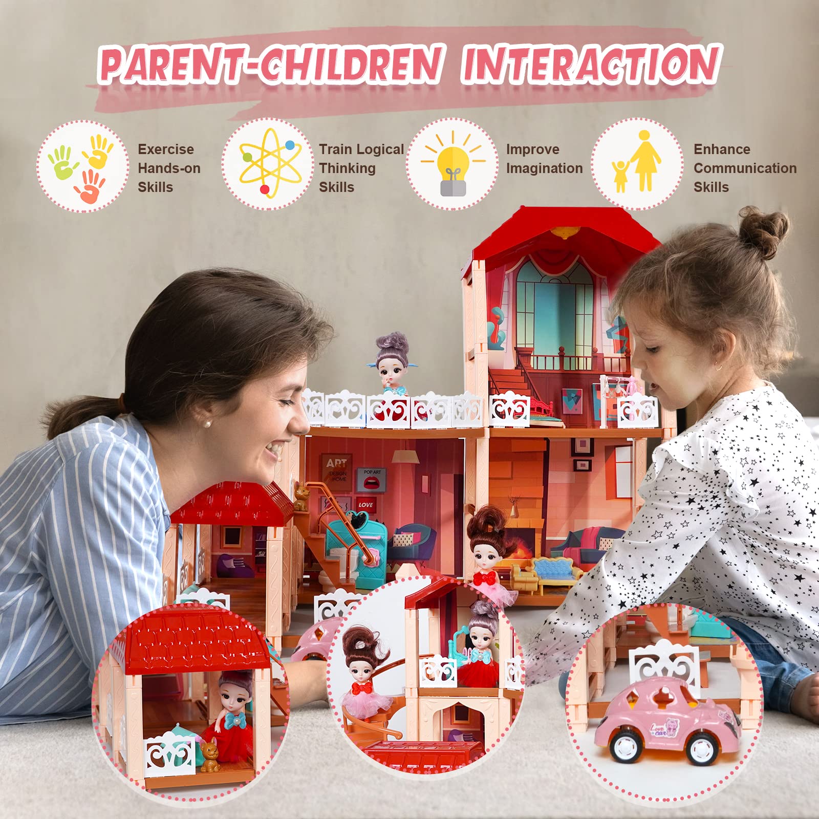 NOVSPER Doll House, Girl Toys Dollhouse with 2 Dolls, Pet Dog, Car,Light, Furnitures and Accessories, DIY Dollhouses Dreamhouse Kit Kids Toys Gift for Age 5 6 7 8+ Year Old(8 Rooms and 2 Balcony)