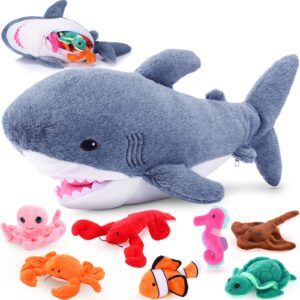 Zomiboo 18 Inch Plush Great White Shark with 7 Pcs of Soft Stuffed Sea Animals Include Manta Ray, Seahorse, Crab, Clown Fish, Turtle, Octopus and Lobster, Gift for Friend Kids