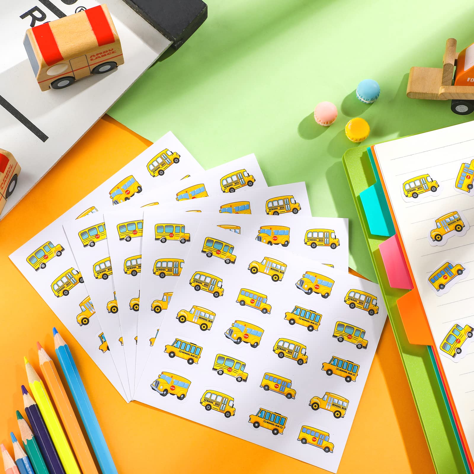 480 Pcs School Bus Stickers Cute School Bus Party Supplies Teachers Stickers for Kids Cartoon Transportation Stickers for Boys Toddler Teens DIY Art Toys Crafts School Classroom Students (Yellow)