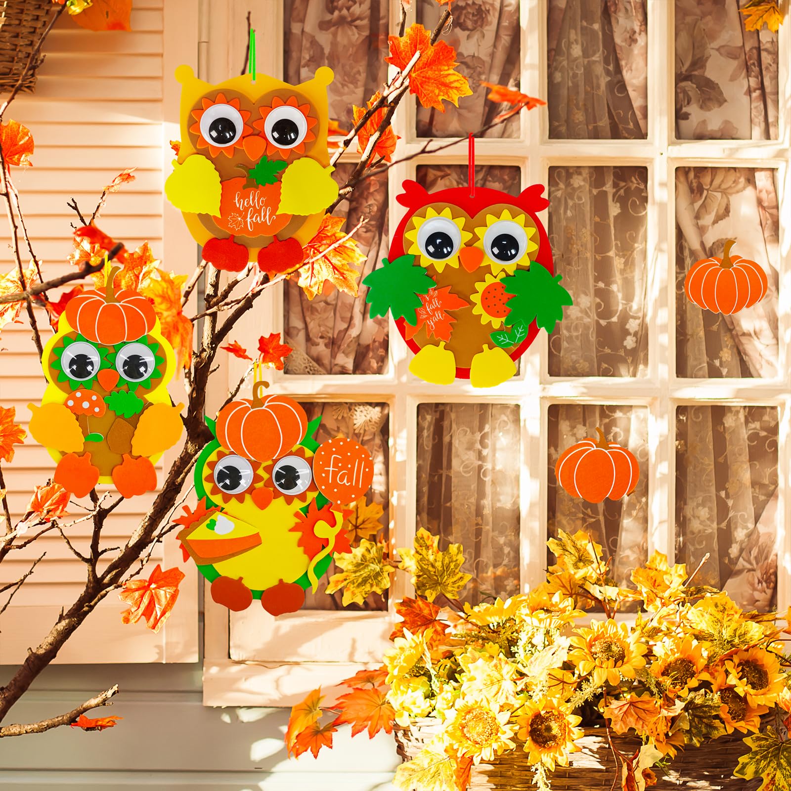 Winlyn 24 Sets Fall Craft Kits Thanksgiving Crafts DIY Fall Owl Ornaments Decoration Art Sets Autum Owl Maple Leaf Pumpkin Arts and Crafts Harvest Foam Stickers for Kids Halloween Classroom Activities