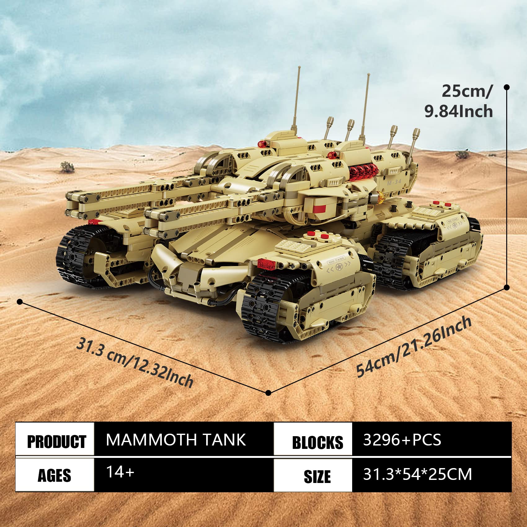 Mould King 20011 Technology MOC Building Block Tank, Remote Control Rechargeable Military Mammoth Tank, RC Tank Model Kits for Adult