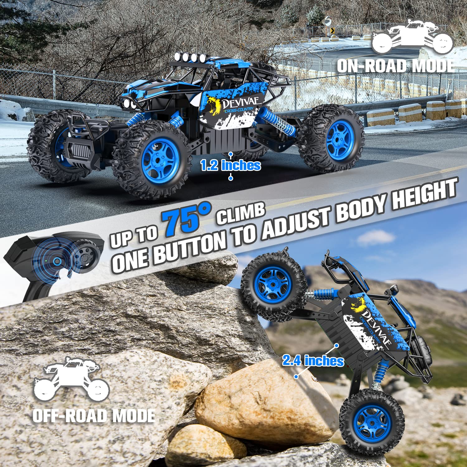 CROBOLL 1:12 Large Remote Control car for Boys Kids with Lifting Function,4WD RC Cars Electric Monster Truck Toy Gifts 4X4 Off-Road RC Rock Crawler 2.4GHz RC Truck with 2 Batteries(Blue)